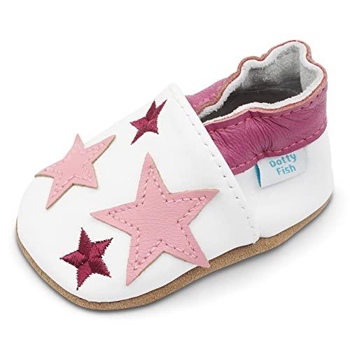 Dotty Fish Scarpine in Pelle Prima Infanzia. Scarpe Bimbi per Primi Passi con Suola Scamosciata. Bianco con Stelle Rosa. 6-12 Mesi (19 EU)