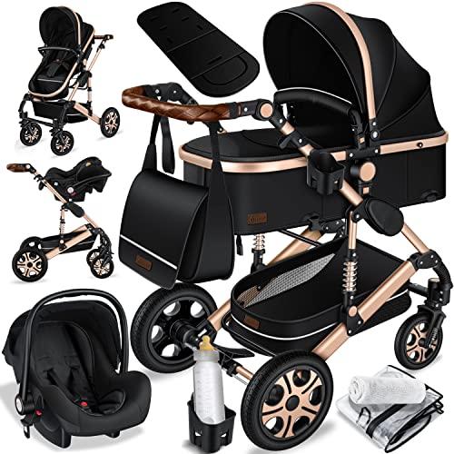 KESSER® Carrozzina Loops 3 in 1 Passeggino combinato Kit completo incl. Navicella per neonato e Seggiolino sportivo per passeggino, Ovetto per auto - ruote in gomma piena, nero/Champagne