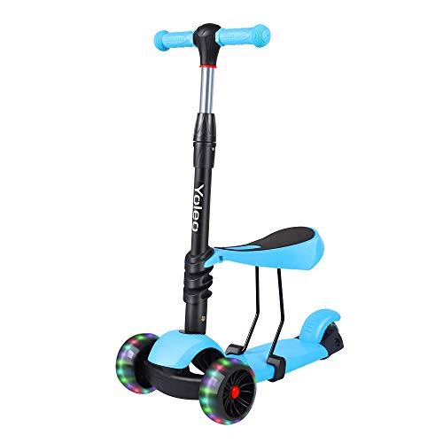 YOLEO Monopattino per Bambini 3-in-1, Monopattino 3 Ruote Lampeggianti in LED, Kids Scooter, con Sedile Estraibile/ Monopattino Bambini 2 a 8 Anni, Carico Massimo 50 kg, Regalo per Bambini (Blu)