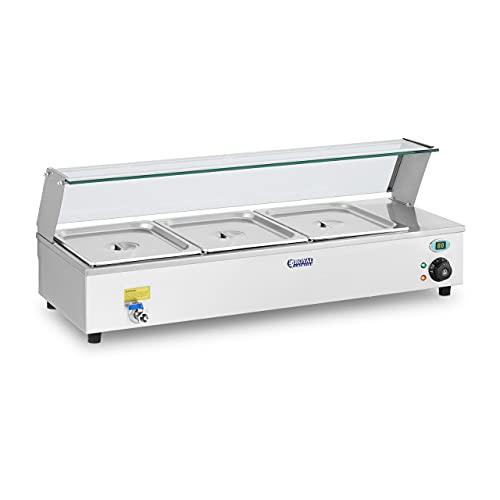 Royal Catering RCBM-3 Bagnomaria Elettrico Professionale 3 x 1/2 GN (1300 W, 30–90 °C, 95x40x16 cm, Aciaio Inox, Rubinetto di Scarico, Vetro di Protezione)