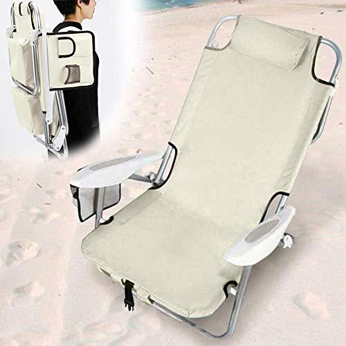 BAKAJI Spiaggina Pieghevole Portatile Sedia Sdraio da Spiaggia Richiudibile Struttura in Alluminio Tubolare con Tasca Porta Tutto Sacca Porta Oggetti Borsa Termica Integrata e Spallacci Zaino (Beige)