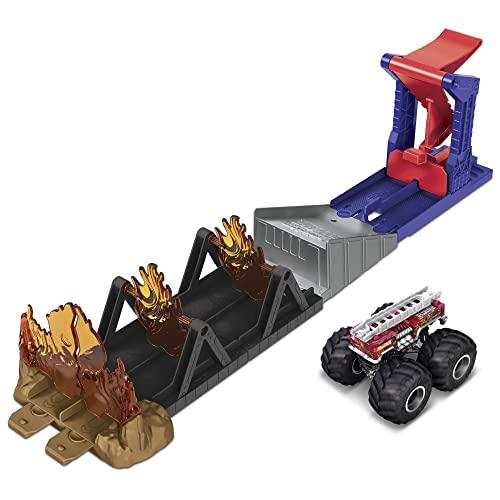 Hot Wheels Monster Trucks Fire Through Hero Playset with 1:64 Scale Die-cast 5 Alarm Vehicle & Launcher, Gift for Kids Ages 3 to 8 Years Old