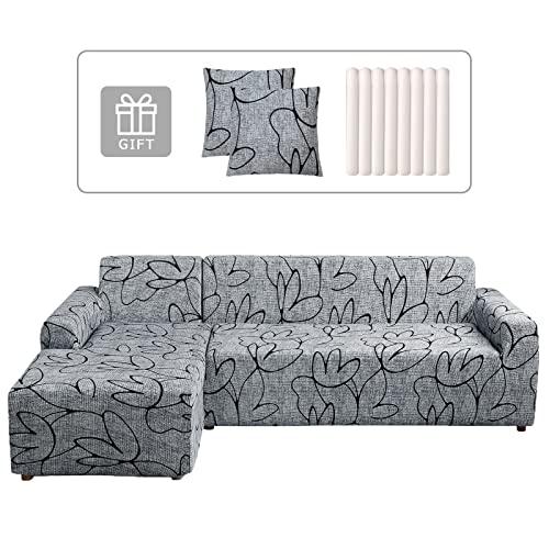 Lydevo Copridivano con Penisola Elasticizzato,Copridivano Angolare a  Sinistra/Destra Universale con 2 Federi,Fodere Divano Penisola Forma di L,Chaise  Longue Sofa Cover(3 Posti+4 Posti,Fiore Grigio)