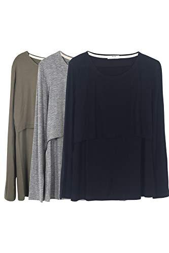 Smallshow Donna Top per Allattamento a Maniche Lunghe 3 Pack,Black/Grey/Army Green,L