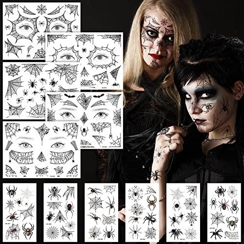 Halloween Ragno Tatuaggi Temporane,11 Fogli Tatuaggio Temporaneo di Ragno, Tatuaggi Ragno Viso, Ragnatele Faccia Tatuaggi, per Halloween Mascherata Carnevale Addio al Costume Festa di Trucco