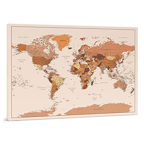 Planisfero da Parete – Mappa del mondo - Quadro su tela incorniciato con  100 puntine incluse – Cartina geografica mondo in Marrone - 100x70 / 120x80  / 150x100 cm dimensioni