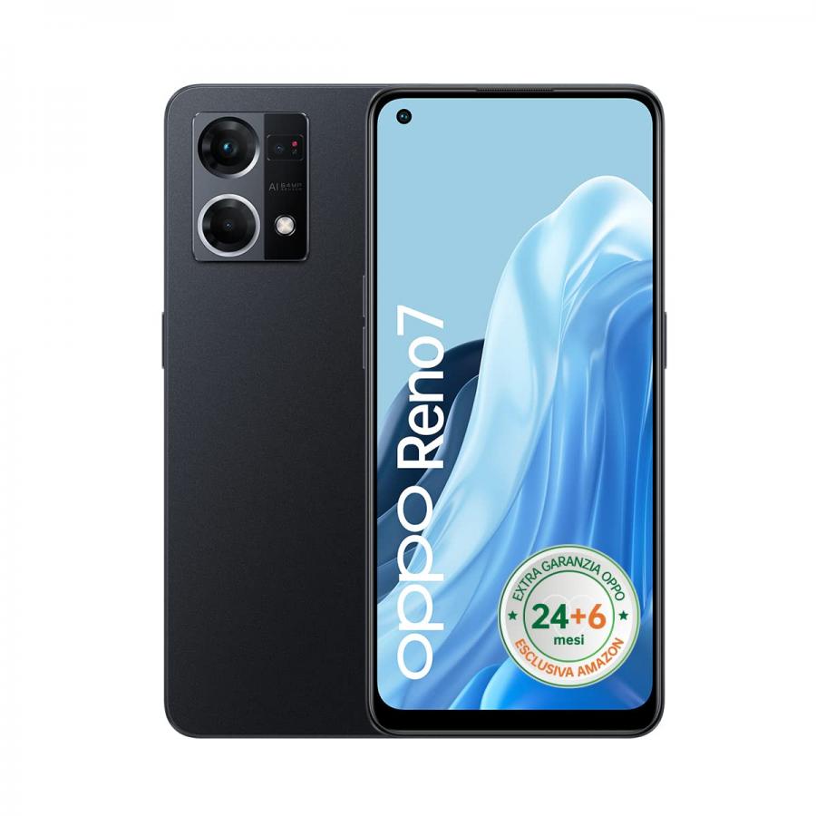 OPPO Reno 7 Smartphone, NFC, AI Tripla fotocamera 64+2+2MP, Display 6.4” 90HZ AMOLED, 4500mAh, Ricarica 33W , RAM 8GB(Esp. 2GB, 3GB, 5GB) ROM 128GB espandibile (1TB), IPX4, Cosmic Black