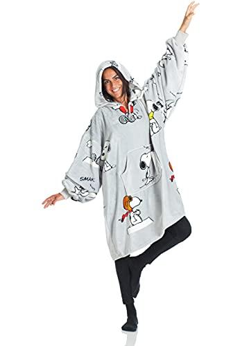 KANGURU COPERTA FELPA HOODIE SNOOPY CON CAPPUCCIO, KANGURONE IN 100% MICROFIBRA, GRIGIO TAGLIA ADULTI 95X95 CM