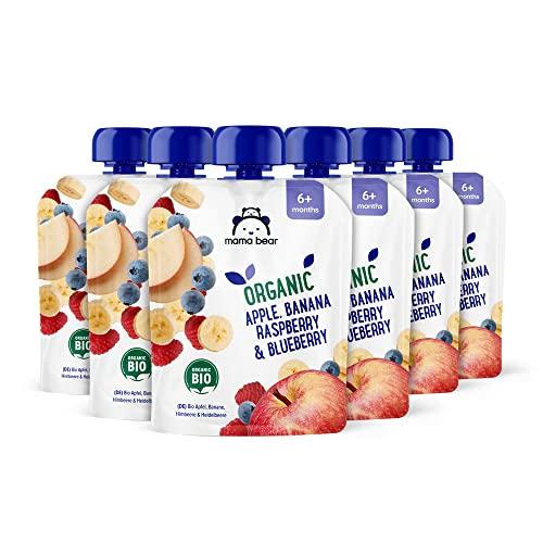 Marchio Amazon - Mama Bear Pouch Puree di mela, banana, lampone e mirtillo biologiche, 6 x 90g