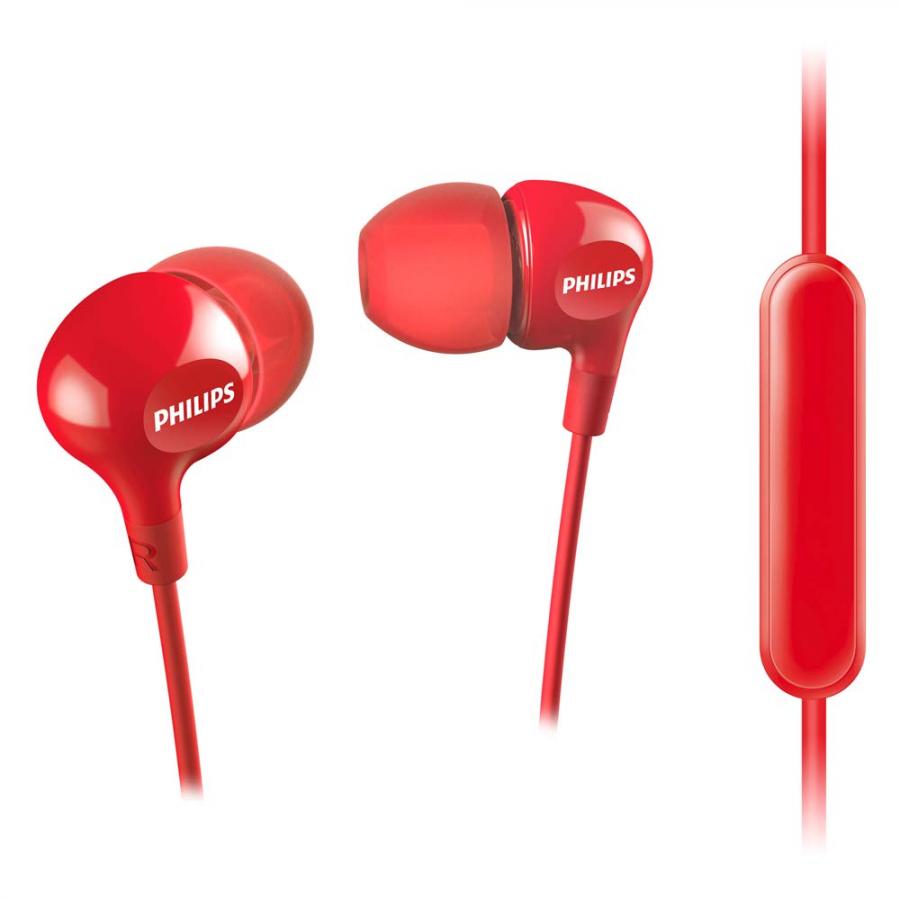 Philips SHE3555RD/00 Cuffie Inauricolari (Bassi Completi, Microfono Incorporato, 2 Tipi di Cuffie, Vestibilità Ottima, Cavo Rinforzato), Rosso
