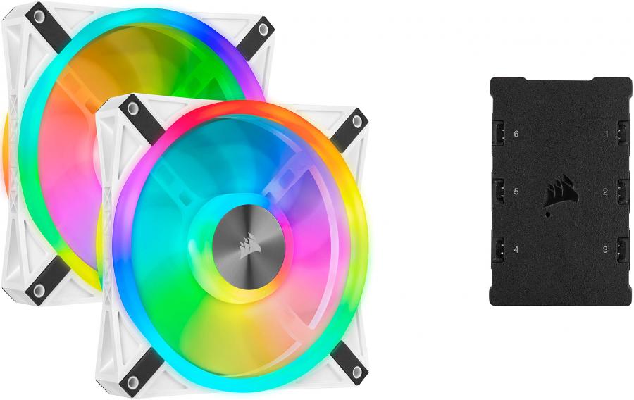 Corsair QL140 RGB Ventola con 68 LED RGB Regolabili, Fino a 1.250 Giri/Min, Silenziosa, Smorzatori in Antivibrazione, iCUE QL 140 mm, Confezione Doppia con Lighting Node CORE, Bianco/RGB