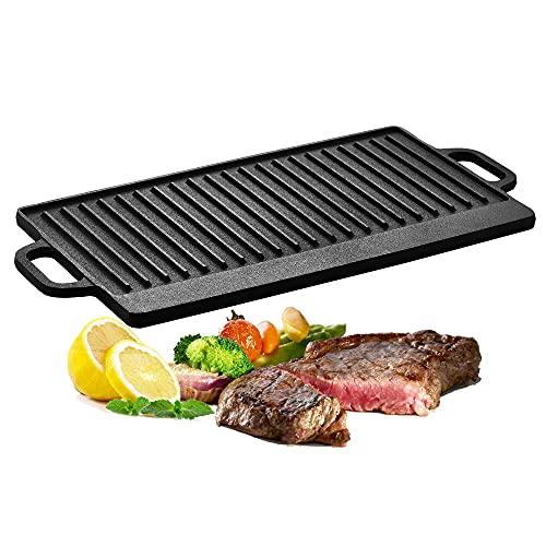 Velaze Piastra Reversibile in Ghisa Antiaderente, Bistecchiera Rettangolare Doppia Uso, Piatto da Griglia Adatta a Tutti Piani Cottura, Induzione e Forno - Nero (50 x 23 cm)