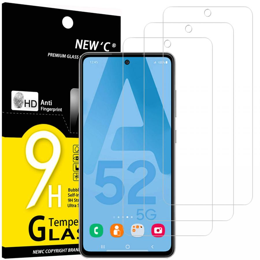 NEW'C 3 Pezzi, Vetro Temperato per Samsung Galaxy A52, A52 5G, A52S 5G, Pellicola Prottetiva Anti Graffio, Anti-Impronte, Senza Bolle, Durezza 9H, 0,33mm Ultra Trasparente, Ultra Resistente