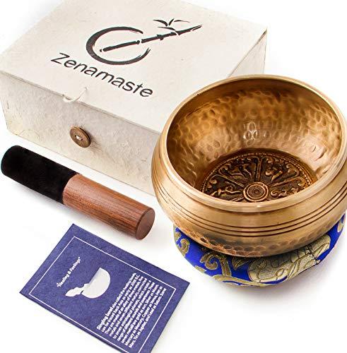 Zenamaste® - Campana tibetana per meditazione 7 Metalli (450g - 11.5cm) - Fatta a mano nella città di Bhaktapur in Nepal - Cofanetto in carta nepalese (Cuscino + Ciotola + Bastoncino)