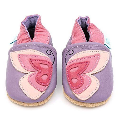 Dotty Fish Scarpine in Pelle Prima Infanzia. Scarpe Bimbi per Primi Passi con Suola Scamosciata. Farfalla Viola e Rosa. 12-18 Mesi (21 EU)