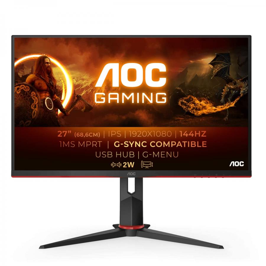 AOC Gaming 27G2U - Monitor FHD da 27 pollici, 144Hz, 1ms, IPS, AMD FreeSync, regolazione altezza, altoparlanti, hub USB, ritardo di ingresso basso (1920x1080 a 144 Hz 250 cd/m², HDMI/DP/VGA/USB 3.0)