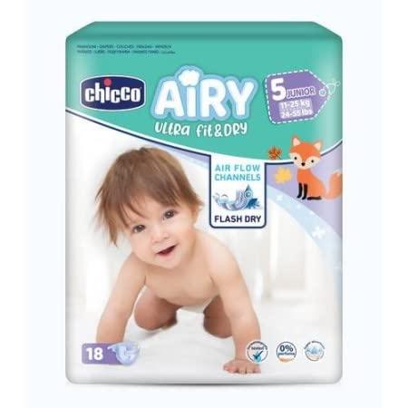 Chicco Airy Ultra Fit&Dry Pannolini taglia 5 Junior 11-25 kg, 1 confezione da 18 pannolini