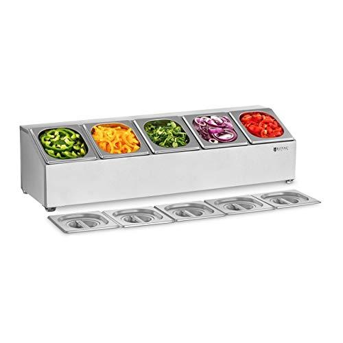 Royal Catering Espositore GN Vetrina Banco RCPN 5 (Acciaio inox, Parti singole lavabili in lavatrice, 5 contenitori GN 1/6 con 5 appositi coperchi inclusi)