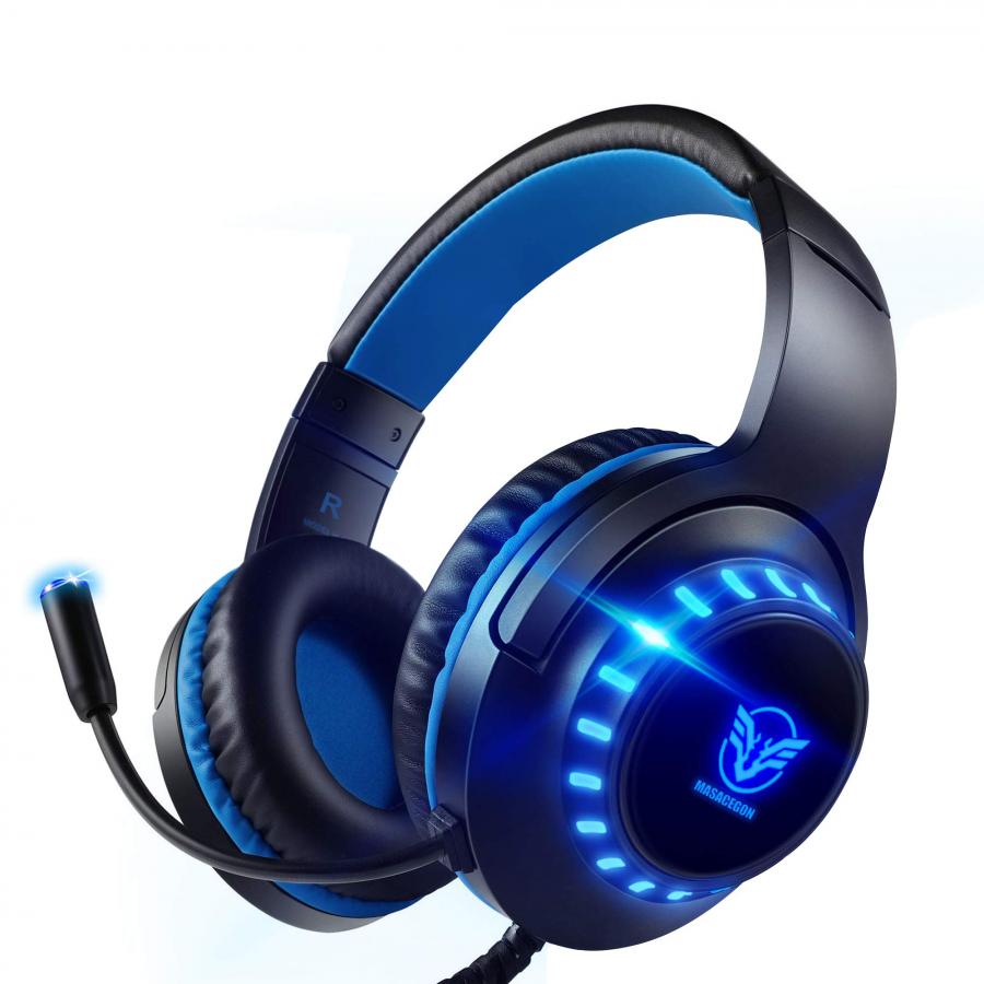 Cuffie per giochi per PS4,PS5 Cuffie per giocatori a LED con microfono con cancellazione del rumore per PC, Mac, Playstation 4, Xbox One (Nero Blu)