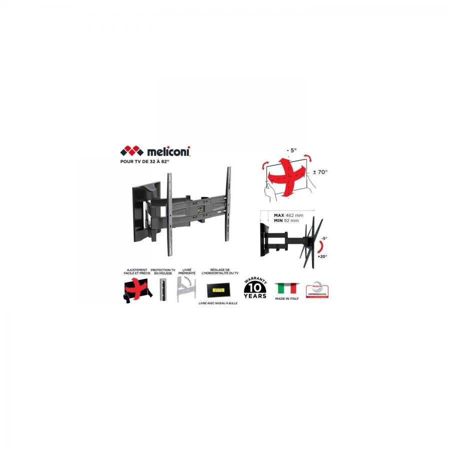 Meliconi Supporto Tv Da Parete 400 Sdrp Plus, Doppio Braccio Doppia Rotazione Per Tv Da 32'' A 82'', Vesa 200-300-400, Easy Tilt Pro, Bianco