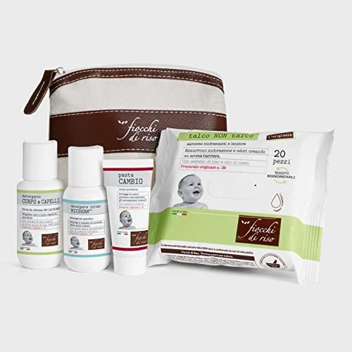 Fiocchi di Riso - COFANETTO BEBÈ - Kit da viaggio specifico per proteggere la cute fin dalla nascita: Detergente Intimo Mioderm, Pasta Cambio, Detergente Corpo e Capelli e Salviette Talco NON Talco.