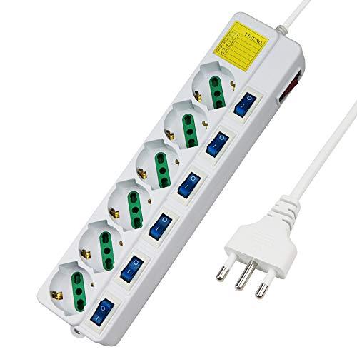 Extrastar Multipresa ciabatta elettrica 6 Posti 10/16A Bipasso Schuko 250V Max:2500W con interruttori indipendenti 1,5MT