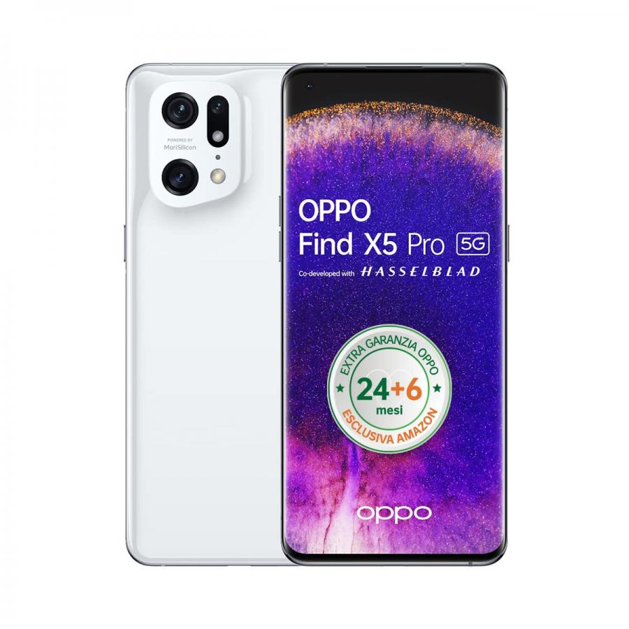 OPPO Find X5 Pro Smartphone, AI Tripla Fotocamera 50+50+13MP, Display 6.7” Refresh rate 120HZ WQHD+ 5000mAh, RAM 12GB+ROM 256GB, Android 12, [Extra Garanzia 24+6 Mesi Versione Italiana], Ceramic White