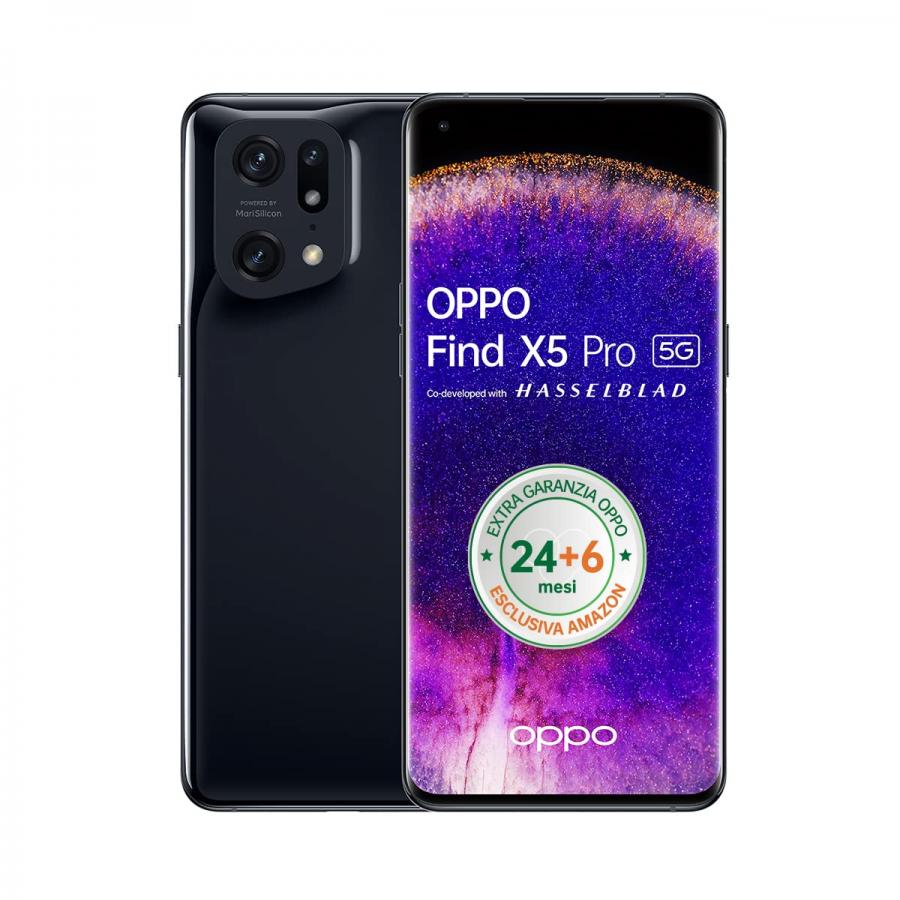 OPPO Find X5 Pro Smartphone, AI Tripla Fotocamera 50+50+13MP, Display 6.7” Refresh rate 120HZ WQHD+ 5000mAh, RAM 12GB + ROM 256GB, Android 12, [Extra Garanzia 24+6 Mesi Versione Italiana], Glaze Black