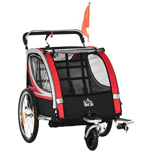 HOMCOM Rimorchio Bici per Bambini Passeggino, Design 2 in 1 con Freno, Cintura a 5 Punti e Tasche Laterali, 116-142x75x101cm, Multicolore