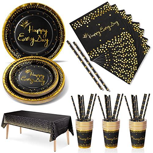 Nkaiso 126 Pezzi Nero Oro Stoviglie per Feste,Happy Everyday Festa Decorazioni Set Include Piatti di Carta Tovaglioli Tazze di Carta Cannucce Tovaglia,per Nuziale Matrimonio,Compleanno(25 Ospiti)