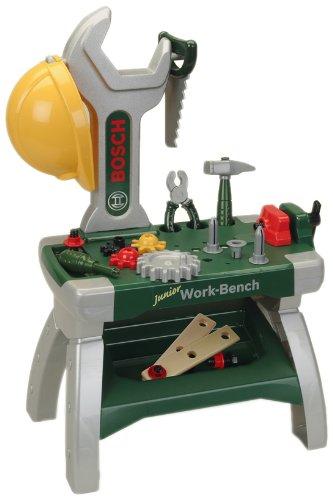Theo Klein 8604 Banco da lavoro Bosch Junior, Include copricapo protettivo, morsa, utensili, assicelle, chiodi, viti e dadi, Dimensioni: 49 cm x 29 cm x 71 cm, Giocattoli per bambini dai 2 anni in su