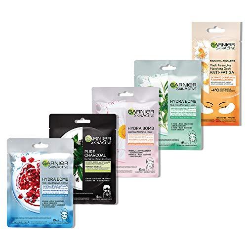 GARNIER Maschere in Tessuto Idratanti Hydrabomb, Ognuna con un Effetto Diverso sulla Pelle, 165 g, Confezione da 5 Pezzi
