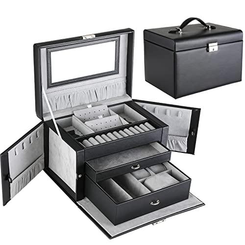 Scatola Portagioie con Serratura a Chiave, Cofanetto Portagioielli con 2 Cassetti e Specchio, Porta Gioielli Donna per Orecchini, Collane, Anelli, Orologi, Organizer Gioielli, Pelle PU+Velluto+MDF