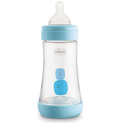 Chicco PERFECT 5 Biberon Anticolica 240 ml, Biberon Flusso Medio 2 Mesi + con Tettarella in Morbido Silicone, Biberon Biofunzionale con Intui-flow System da 240 ml, Azzurro