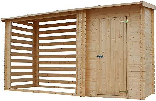 TIMBELA M205 Casetta da Giardino in Legno per Esterni con legnaia- A199x344x130 cm - 2,54 m2+1,1 m2 - Piccola Casetta in Legno, Rimessa Attrezzi, Deposito Bici