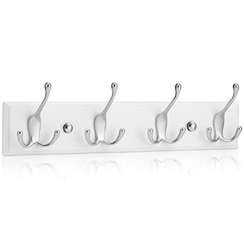 LARHN Appendiabiti da Parete Bianco – 4 Ganci Tripli – 42 cm – Attaccapanni  da Muro Moderno in Legno per Ingresso, Cameretta e Bagno