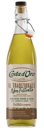 Costa d'Oro – Il Tradizionale Non Filtrato 1L. Olio extravergine di oliva fruttato e corposo, estratto a freddo, ricco di vitamine e antiossidanti naturali. Bottiglia da 1 litro.
