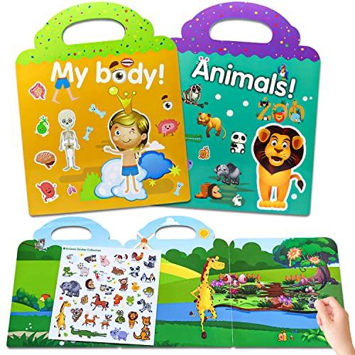 2 Set Riutilizzabili Stickers Bambini , Libro Di Adesivi Per Bambini Con  Stampini di Umani Organi e Animali, Pvc Adesivi Bambini Attacca Stacca,Regali  Per Ragazzi Ragazze 2 3 4 Anni