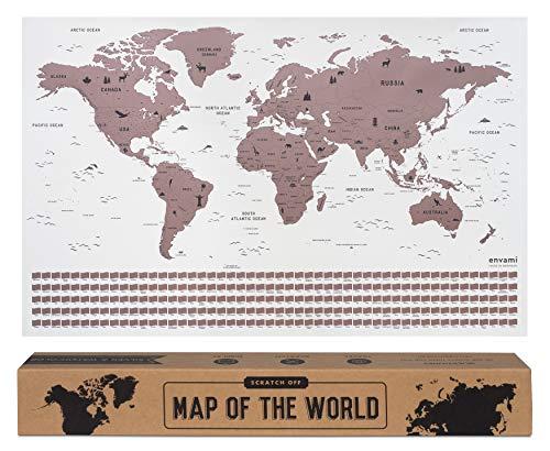 envami Mappa del Mondo da Grattare - Oro Rosa I68 X 43 CM - Idee Regalo -  Mappamondo da Grattare con Bandiere - Scratch off Map - Mappa da Grattare -  Cartina Mondo da Grattare - Inglese