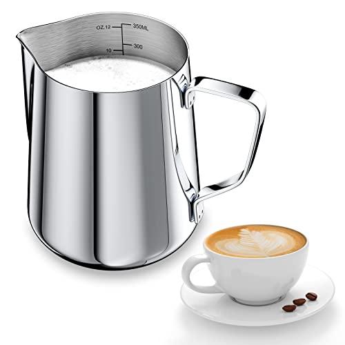 Newaner 350ml Bricco Latte Professionale per Montalatte Inossidabile 304, Lattiera con Segno di Misurazione 12oz, Lattiera Mucca per Cappuccino, Espresso, Latte Art, Perfetta per Gli Amanti del Caffè