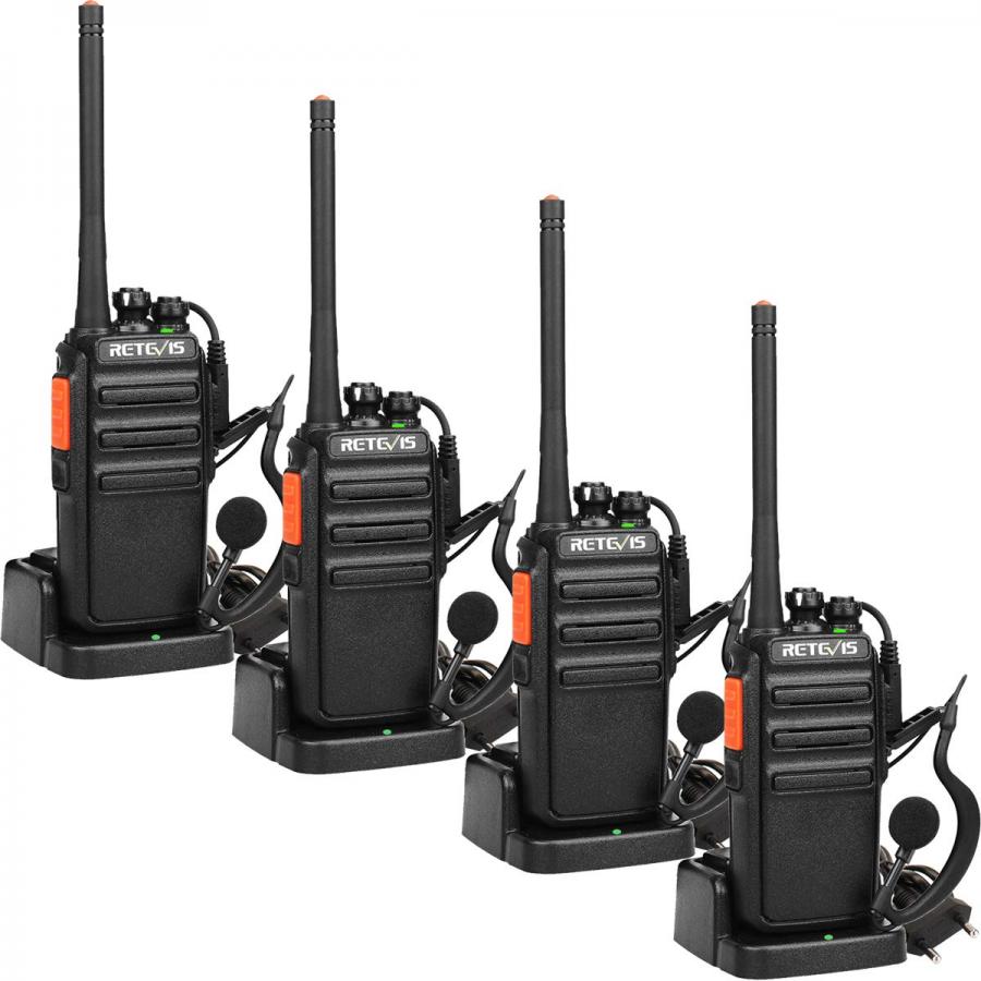 Retevis RT24 Walkie Talkie Ricaricabili PMR446 Licenza-Libero, Walkie Talkie Professionali, VOX 16 Canali CTCSS/DCS, Ricetrasmittenti Lunga Distanza con Auricolare (4 Pezzi, Nero)