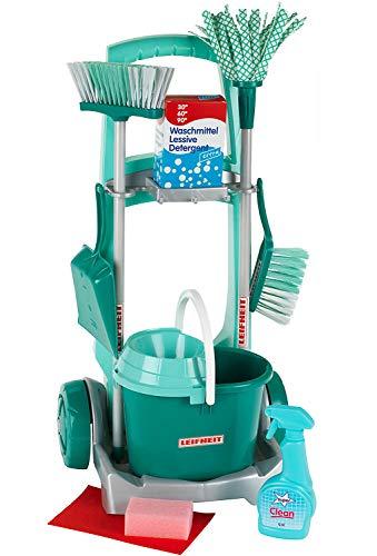 Theo Klein 6562 Carrello pulizia Leifheit con accessori resistenti I Include mocio, secchio, scopa e molto altro I Giocattoli per bambini dai 3 anni in su