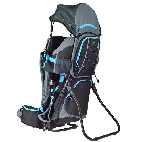 DROMADER Zaino-porta-bambini Wombat | Peso massimo del bambino 22 kg | Sistema portante 3D Opti-fit | Specchietto laterale retrovisore | Tettino parasole e cappuccio parapioggia | nero e blu