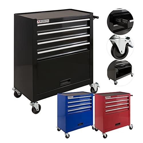 AREBOS Carrello da officina a 4 scomparti + grande scomparto per gli attrezzi | con tappetini antiscivolo | 2 ruote con freno di stazionamento (nero)