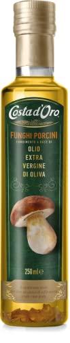 Costa d'Oro - Olio aromatizzato ai funghi porcini, 250 ml. Olio Extravergine di oliva estratto a freddo, ideale a crudo su carni grigliate. Bottiglia da 25 cl.