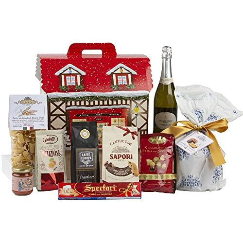 Cesti Natalizi Speciale Italia – Confezione Regalo Alimentare Casa del Natale, Cesto Natalizio con Panettone da 500g, Spumante e Prodotti Gastronomici, 9 pezzi