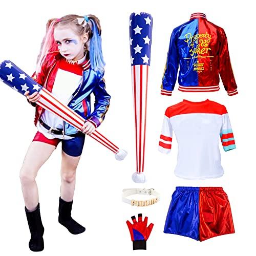 Kitimi Harley Quinn Costume Bambina Adulti Costume Bambino Donna Ragazze  Harley Suicide Costume Outfit Kit Cappotto, Maglietta, Pantaloncini e  Guanto per Carnevale Hallooween Cosplay Party