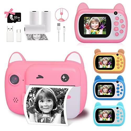 Fotocamera istantanea per bambini, fotocamera per selfie per bambini,con 3  rotoli di carta di stampa, 1000 mAh, doppia lente, videoregistratore HD  1080p per ragazze e ragazzi regali giocattoli (rosa)