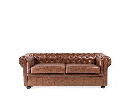 Beliani Divano Vintage a 3 posti in Pelle Sintetica Marrone Invecchiato Chesterfield