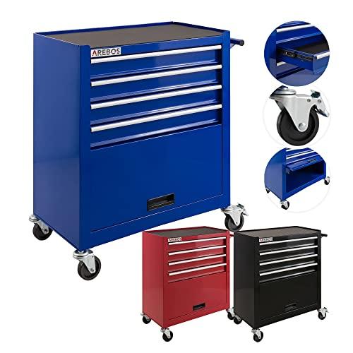 AREBOS Carrello da officina a 4 scomparti + grande scomparto | con tappetini antiscivolo | 2 ruote con freno di stazionamento | blu
